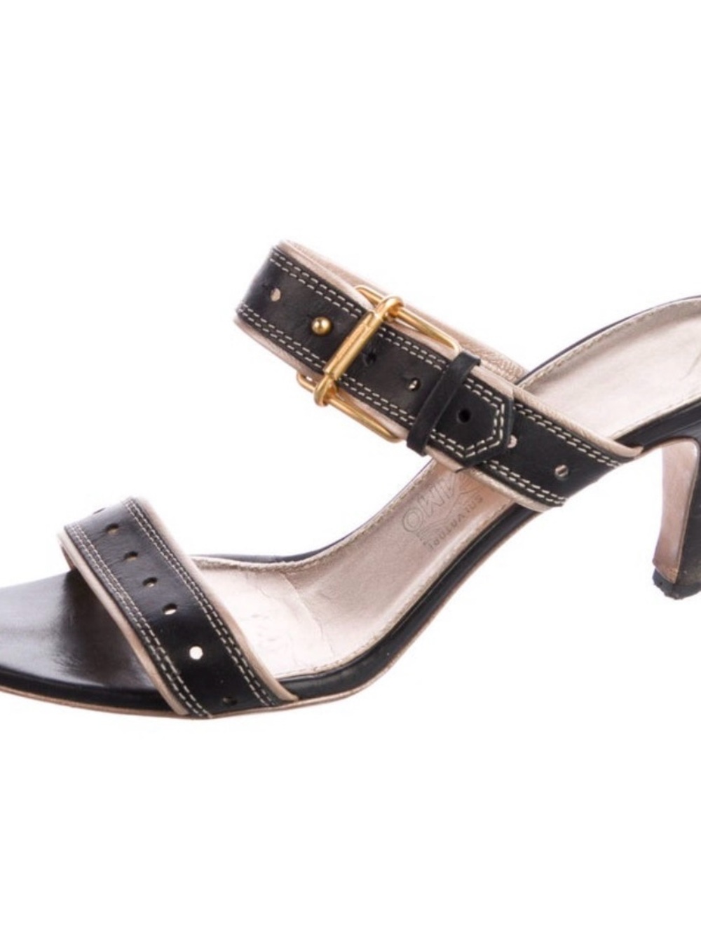 Vintage 90s Salvatore Ferragamo Black Leather Two-Strap Mid Heel Sandals